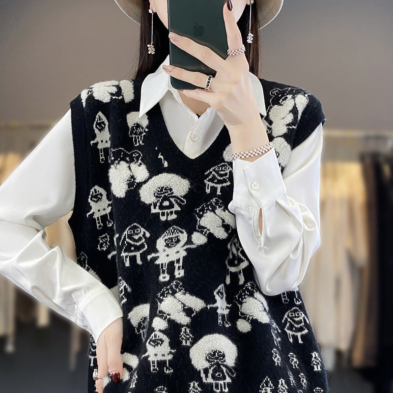 Damen Oversize-Strickweste mit V‑Ausschnitt und verspieltem Jacquard‑Motiv Echoarchiv