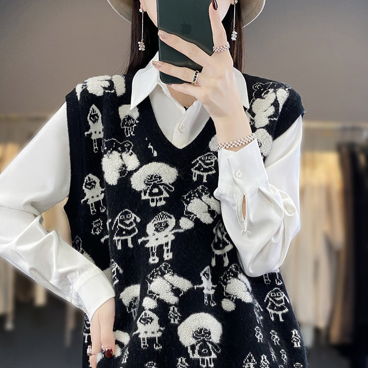Damen Oversize-Strickweste mit V‑Ausschnitt und verspieltem Jacquard‑Motiv Echoarchiv