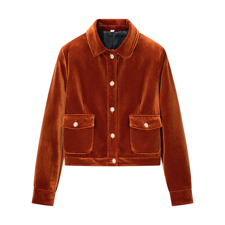 Damen Kurzjacke im Samt‑Look mit Hemdkragen, aufgesetzten Pattentaschen und goldfarbenen Zierknöpfen Echo Archiv