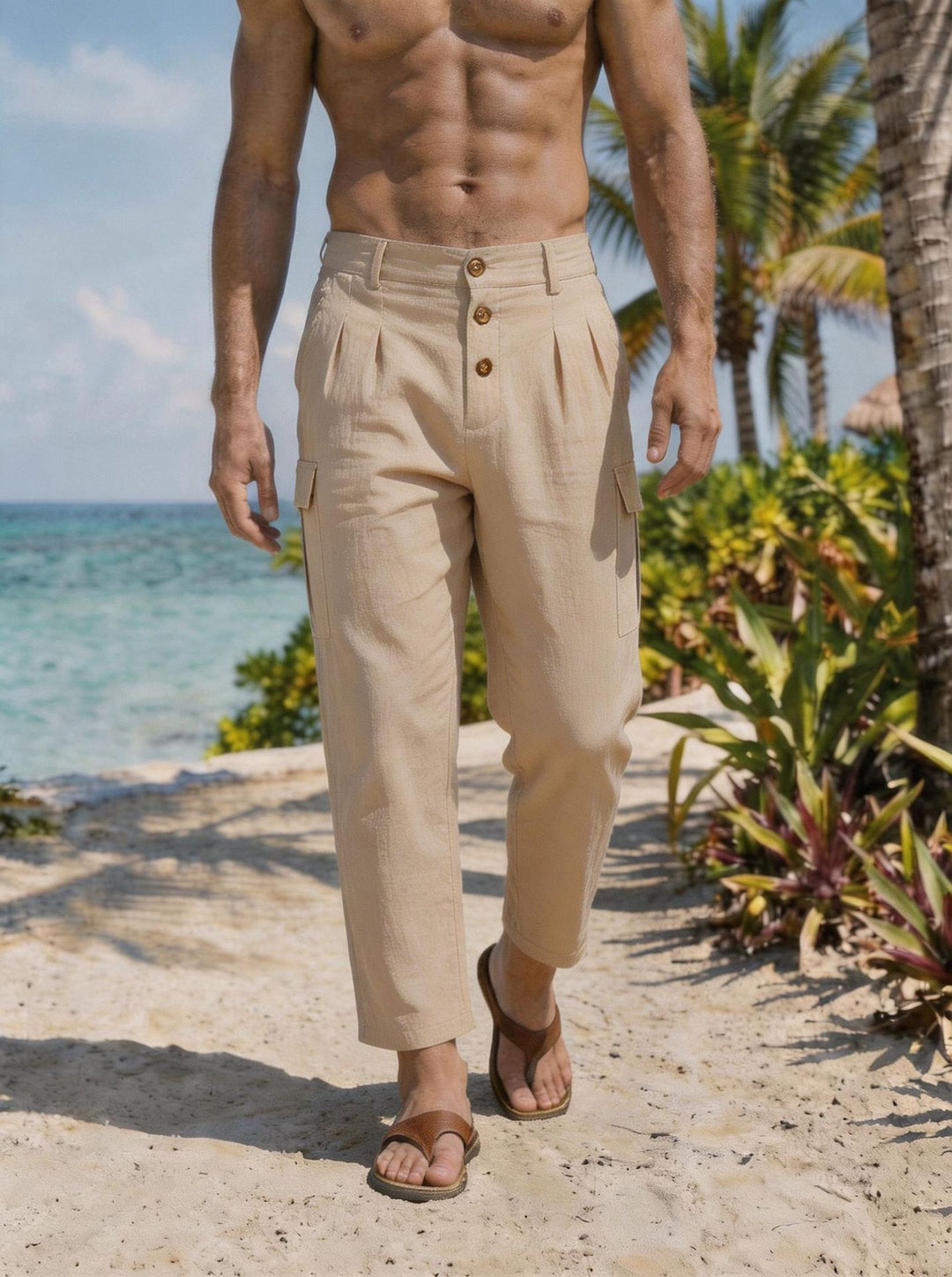 Herren Bundfalten-Cargohose mit Knopfverschluss, aufgesetzten Cargotaschen und gekürztem Bein – Bravaro