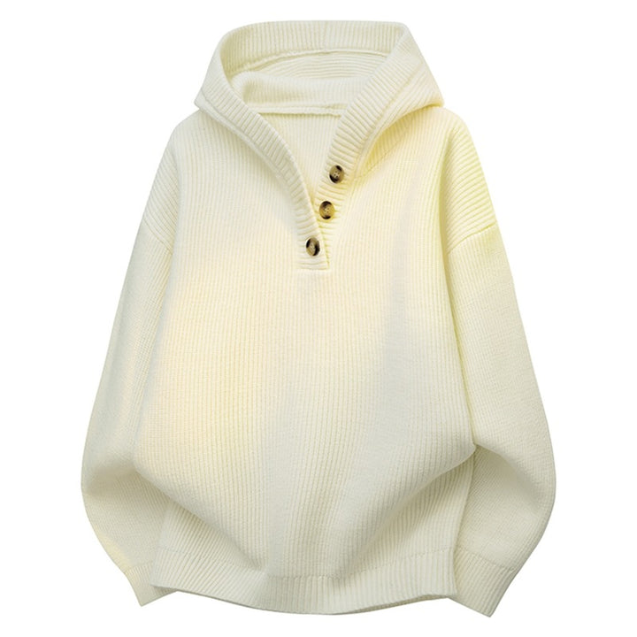 Damen Relaxed Kapuzenpullover aus geripptem Strick mit Halbsteg-Knopfleiste Echoarchiv