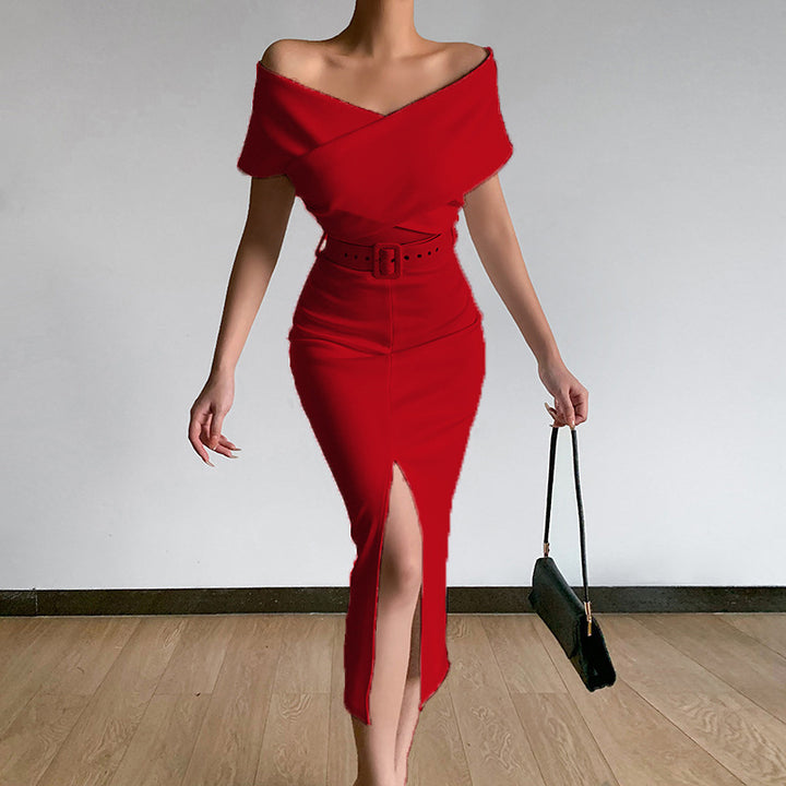 Damen Off-Shoulder Maxikleid mit Taillengürtel und seitlichem Schlitz Echo Archiv