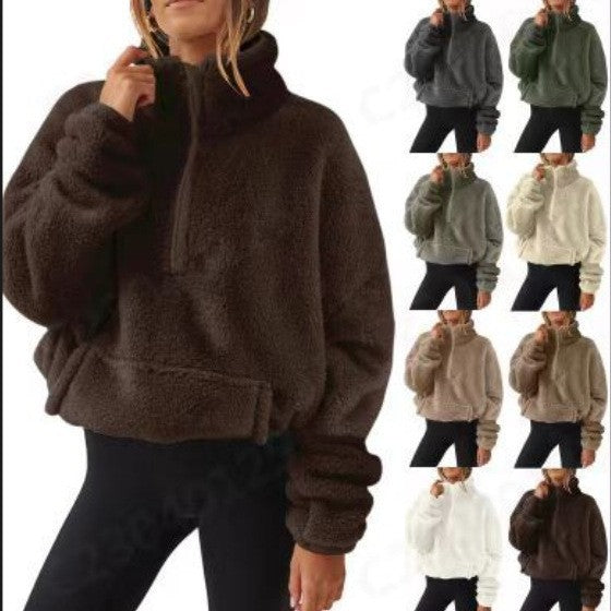 Damen nan Oversize-Halbzip Teddy-Fleecepullover mit Kängurutasche und hohem Stehkragen Echo Archiv