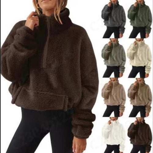 Damen nan Oversize-Halbzip Teddy-Fleecepullover mit Kängurutasche und hohem Stehkragen Echo Archiv