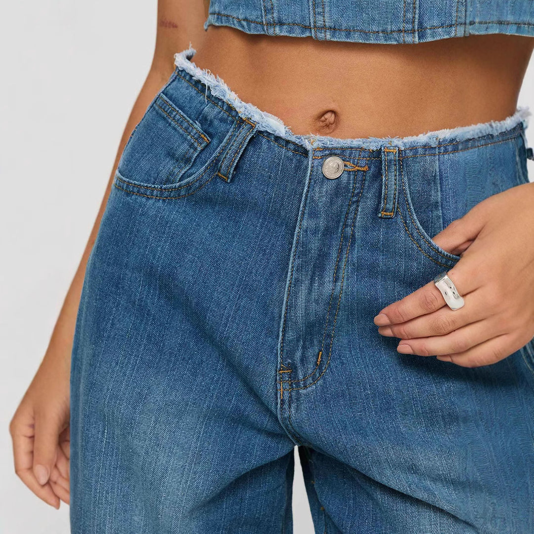 Damen nan hochgeschnittene Weitbein-Jeans mit rohem Bund, extra weitem Bein und Fünf-Taschen-Schnitt Echo Archiv
