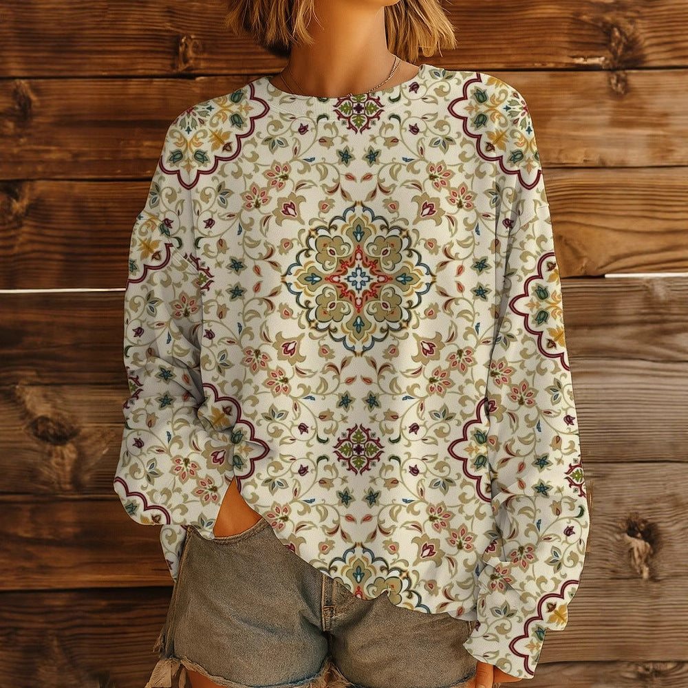 Damen Geblümter Oversize-Sweatshirt-Pullover mit Rundhals und Ballonärmeln – Avérine
