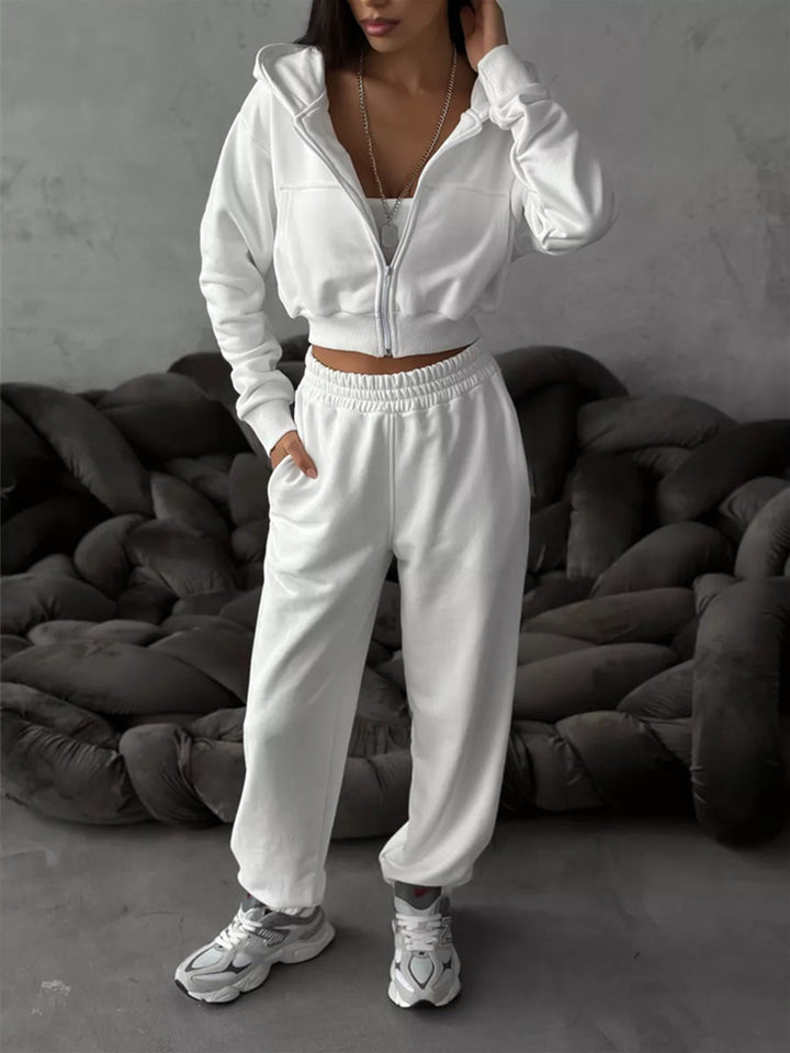 Damen kurzes Zip-Kapuzensweatshirt mit tailliertem Bündchen und weitem High‑Waist French‑Terry Jogginghose Set – Auréline