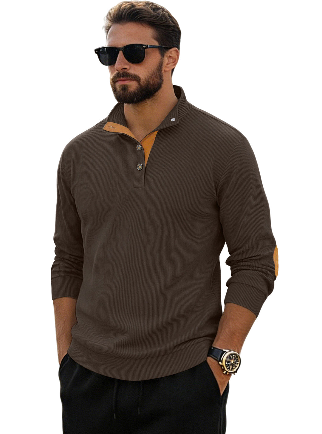 Herren nan fein gerippter Strickpullover mit Polokragen Knopfleiste und Ellenbogenbesatz Echo Archiv