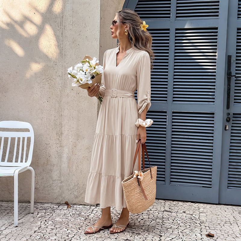 Damen Luftiges Viskose-Stufenmidikleid mit V-Ausschnitt, Bindegürtel und Manschettenärmeln – Élara