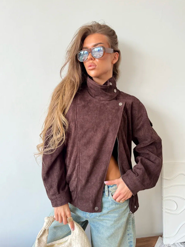 Damen Oversize Wildleder‑Optik Bikerjacke mit hohem Stehkragen Echoarchiv