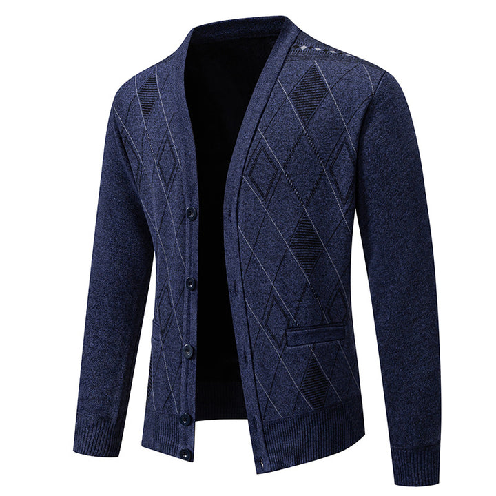 Herren Feinstrick-Cardigan mit Rautenmuster, Knopfleiste und Eingrifftaschen Echo Archiv