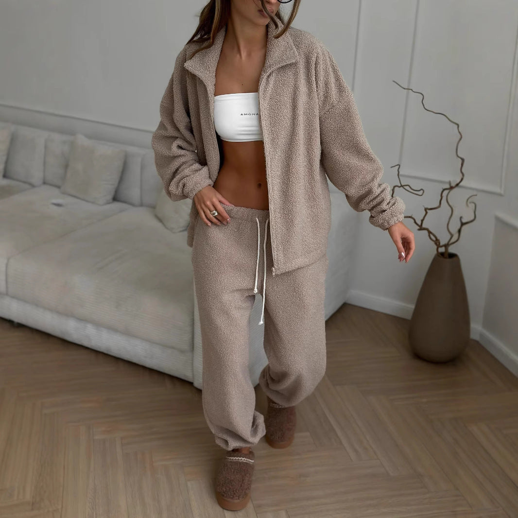 Damen Teddy-Fleece Loungewear-Set mit Reißverschlussjacke und Kordelzug-Hose – Auréline