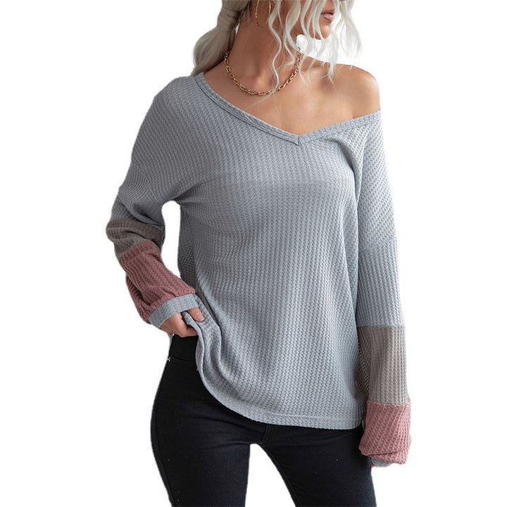 Damen Legeres Waffelstrick-Tunika-Shirt mit V‑Ausschnitt und Colorblock-Ärmeln – Mavelle