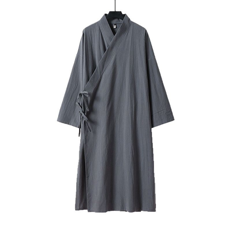 Unisex Langer Kimono-Mantel aus leichtem Baumwollmix mit drapierter Front und Bindeschlaufe Echoarchiv
