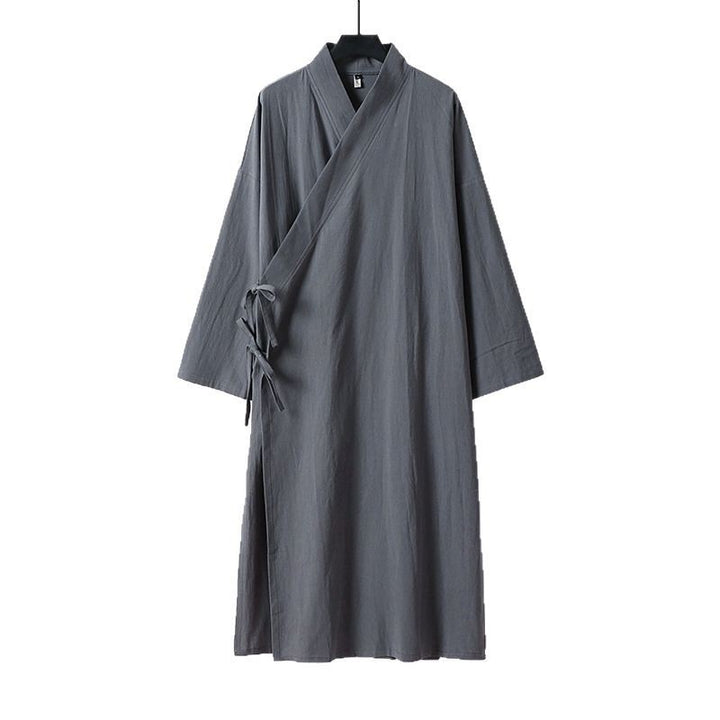 Unisex Langer Kimono-Mantel aus leichtem Baumwollmix mit drapierter Front und Bindeschlaufe Echoarchiv