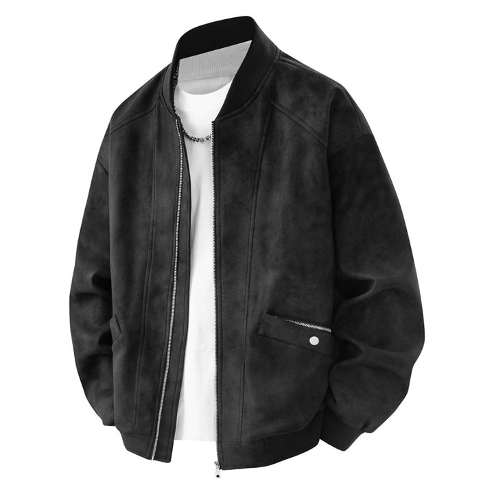 Herren Velours-Optik Bomberjacke im Boxy‑Cut mit Rippkragen, Frontreißverschluss & kombiniertem Zipper-/Klappenfach Echoarchiv