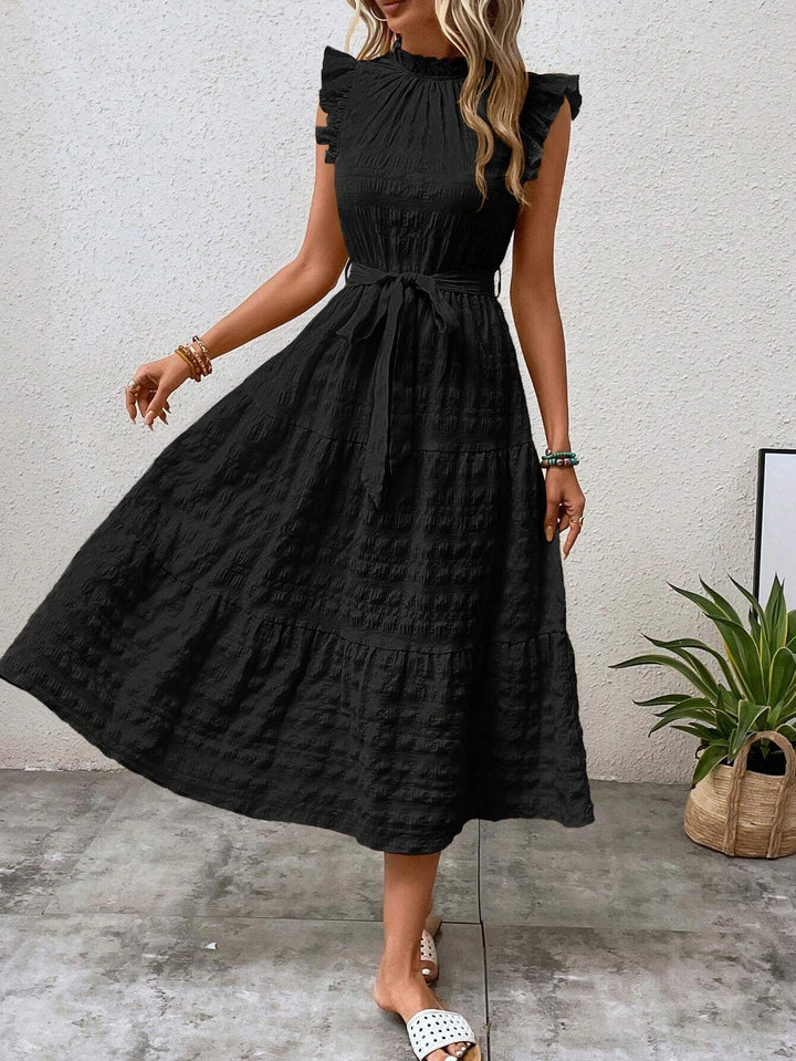 Damen Midikleid mit Stehkragen, Rüschenärmeln und Taillengürtel Echo Archiv
