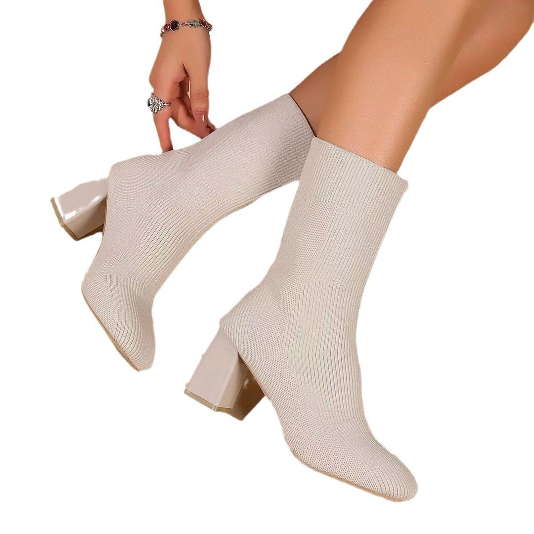 Damen Strickstiefeletten mit transparentem Blockabsatz und elastischem Schaft Echoarchiv