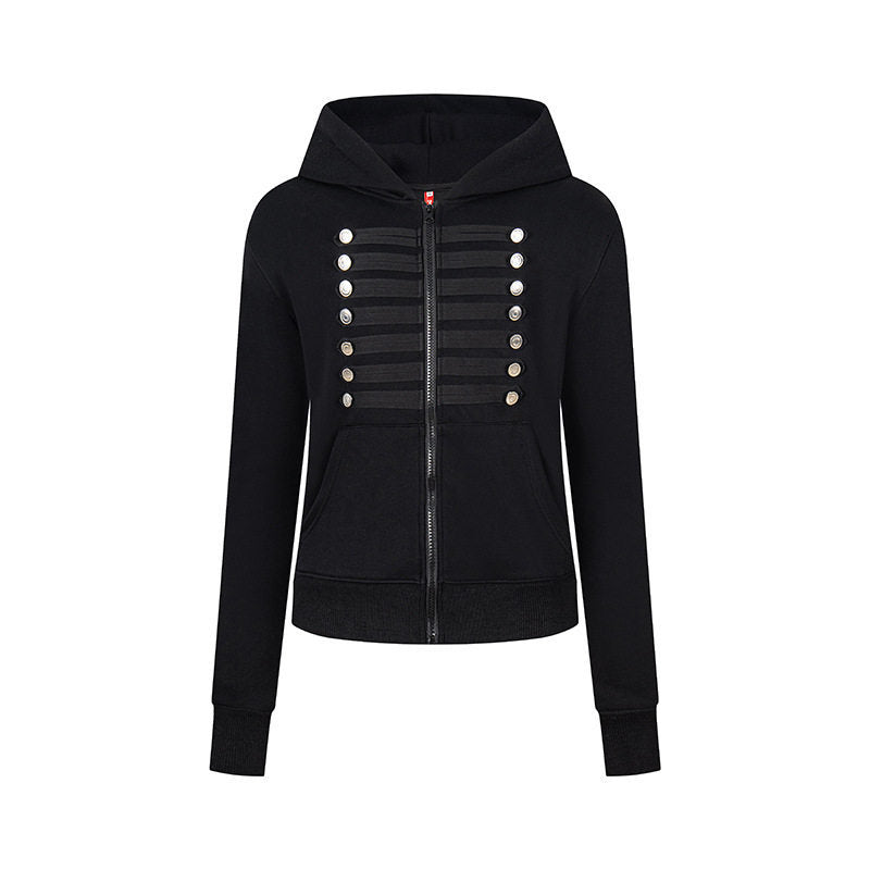 Damen Kapuzen-Sweatjacke mit dekorativer Militär‑Bortenleiste und Zierknöpfen Echoarchiv