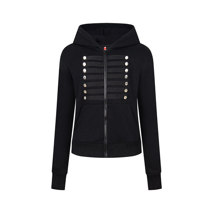 Damen Kapuzen-Sweatjacke mit dekorativer Militär‑Bortenleiste und Zierknöpfen Echoarchiv
