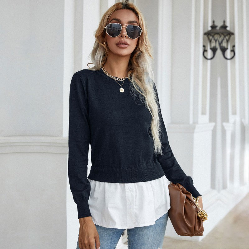 Damen Strickpullover mit eingearbeitetem Blusenbesatz und Doppel-Layer-Optik Echoarchiv