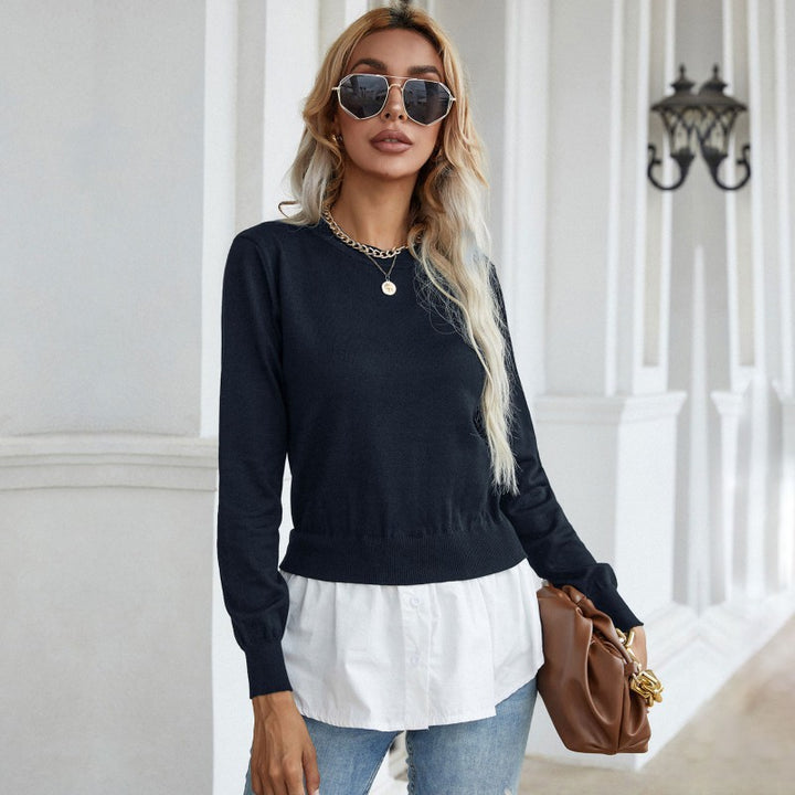 Damen Strickpullover mit eingearbeitetem Blusenbesatz und Doppel-Layer-Optik Echoarchiv