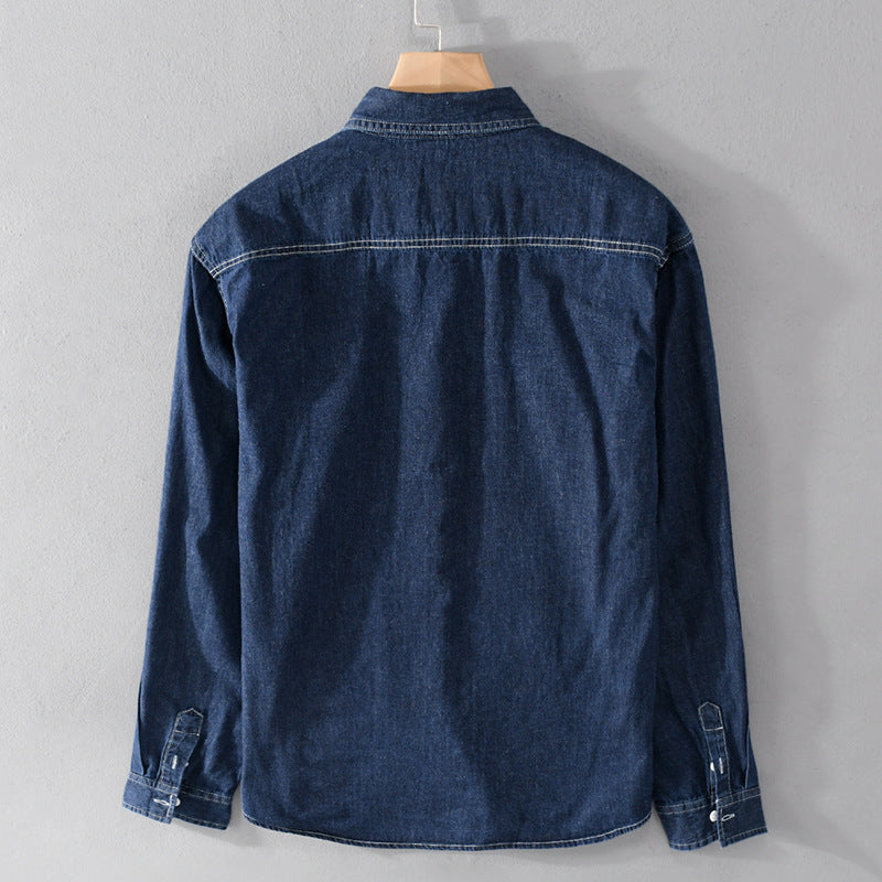 Herren Jeans-Overshirt im Worker-Stil mit doppelten Brusttaschen und kontrastierenden Ziernähten Echoarchiv
