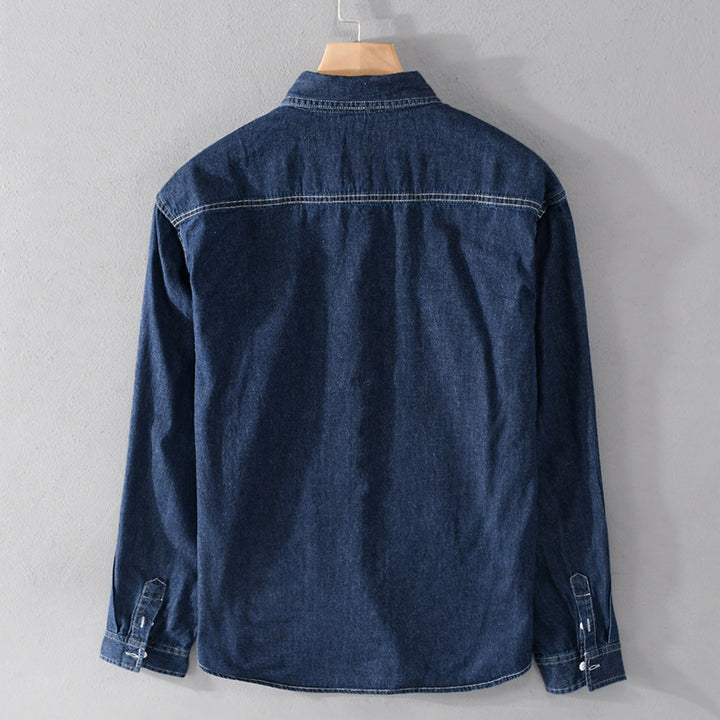 Herren Jeans-Overshirt im Worker-Stil mit doppelten Brusttaschen und kontrastierenden Ziernähten Echoarchiv
