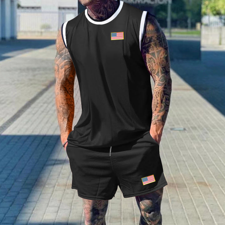 Herren sportliches Tanktop und Shorts-Set mit dekorativem Flaggenmotiv Echoarchiv