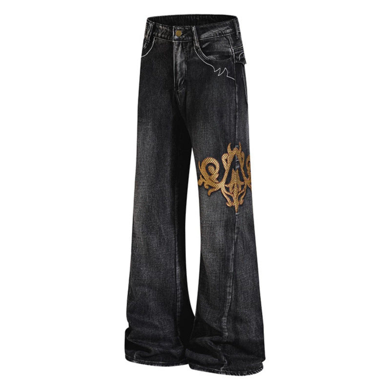 Damen Weite High‑Waist Schlaghose aus Denim mit barocker Stickerei Echoarchiv