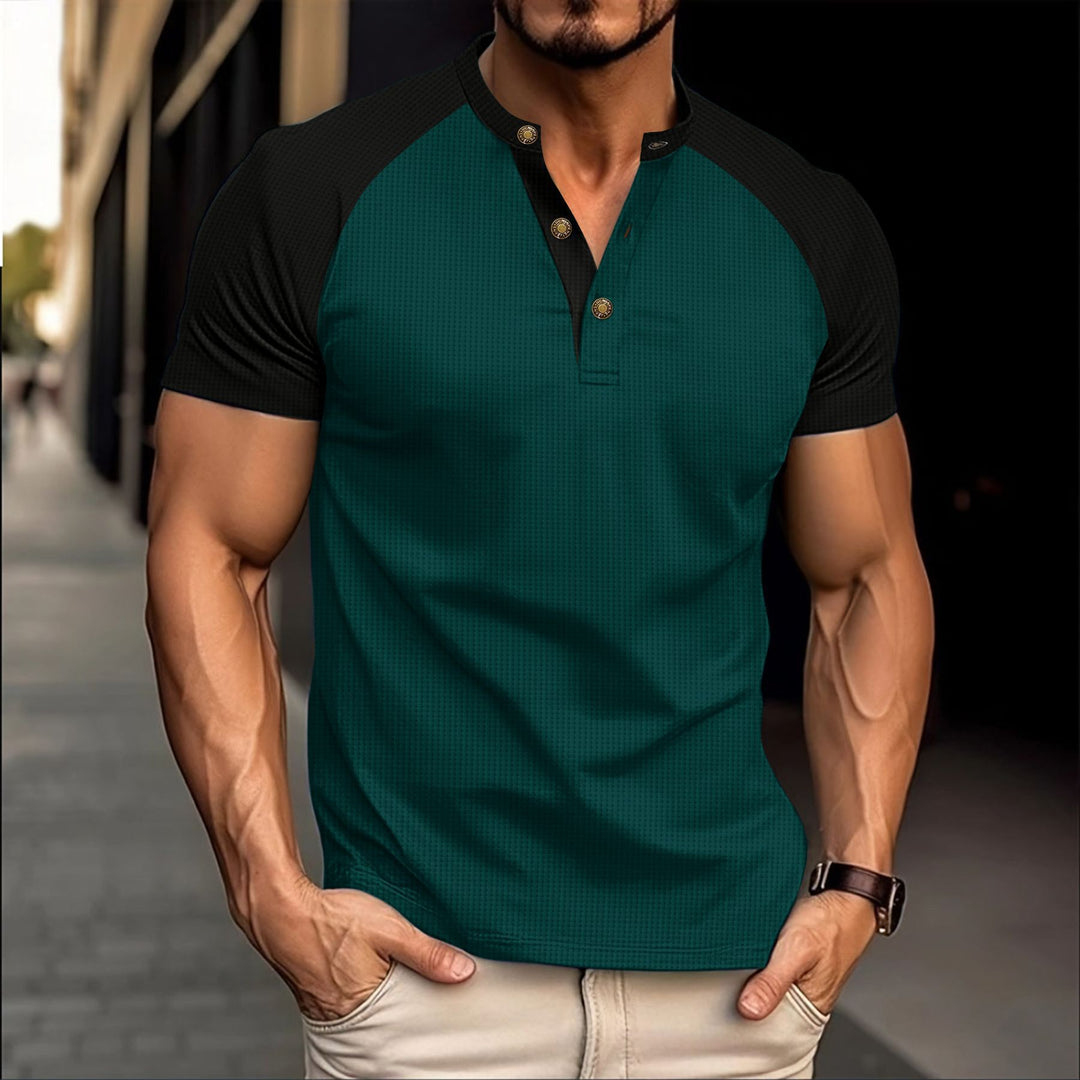 Herren Kurzarm Poloshirt mit modischer Knopfleiste und kontrastierenden Ärmeln Echoarchiv