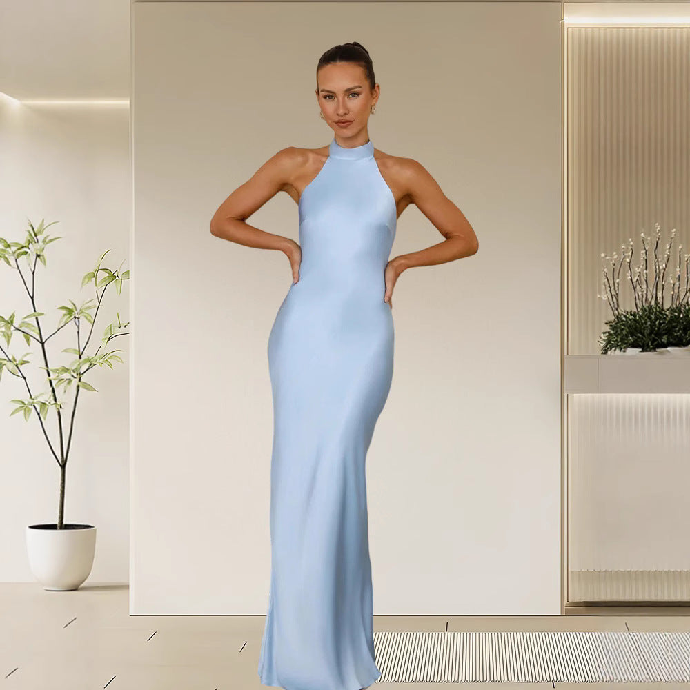 Damen Elegantes Satin-Maxikleid mit hohem Kragen und körpernahem Schnitt Echoarchiv