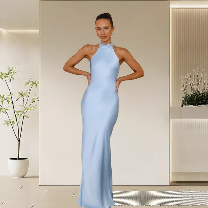 Damen Elegantes Satin-Maxikleid mit hohem Kragen und körpernahem Schnitt Echoarchiv