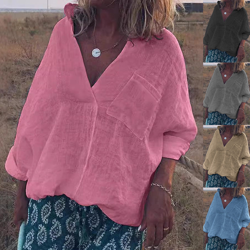 Damen Oversized Leinen-Look Bluse mit tiefem V-Ausschnitt, aufgesetzter Brusttasche und hochgerollten Dreiviertelärmel – Élovi
