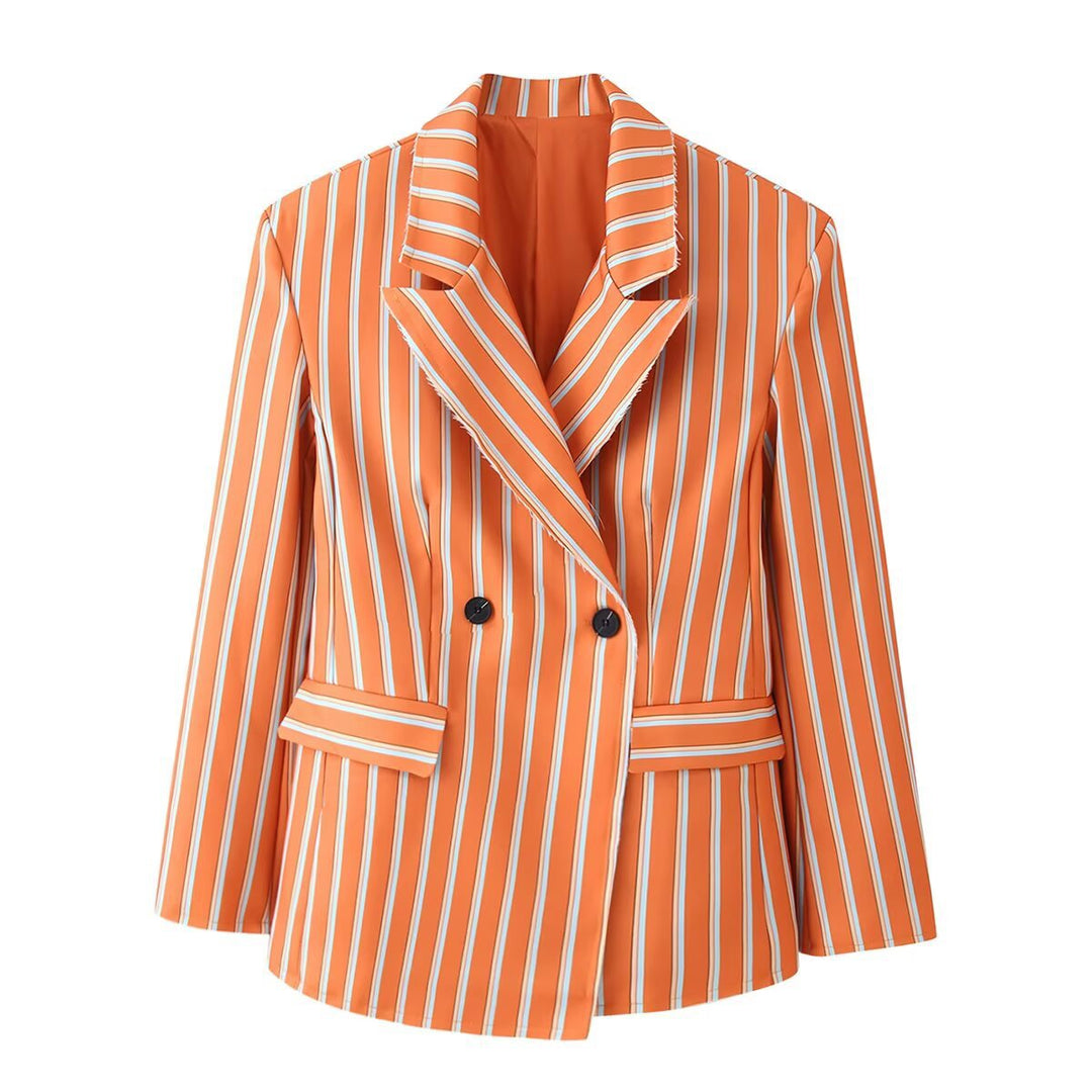 Damen Doppelreihiger Streifenblazer mit markantem Revers und Pattentaschen Echo Archiv