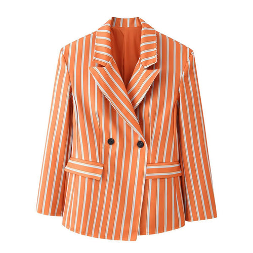 Damen Doppelreihiger Streifenblazer mit markantem Revers und Pattentaschen Echo Archiv