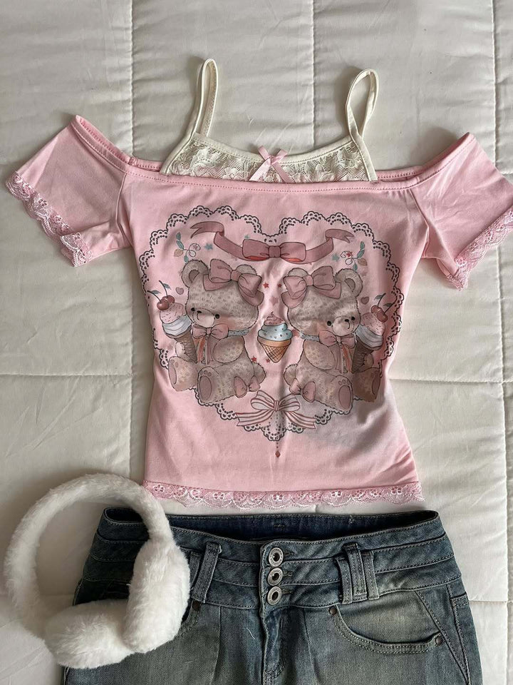 Damen Verspieltes T-Shirt mit Spitzenapplikationen und süßem Bärenmotiv Echo Archiv