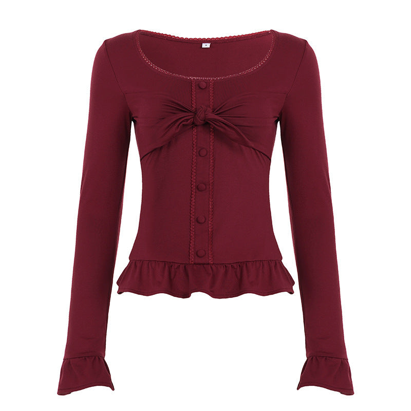 Damen Tailliertes Langarm-Cropped-Top mit Zierschleife, Knopfleiste und Volantbund Echo Archiv