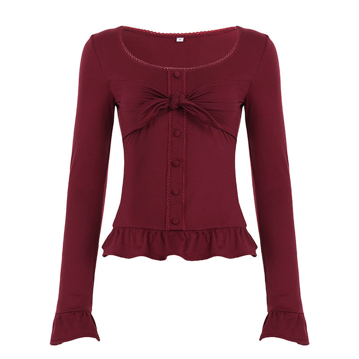 Damen Tailliertes Langarm-Cropped-Top mit Zierschleife, Knopfleiste und Volantbund Echo Archiv