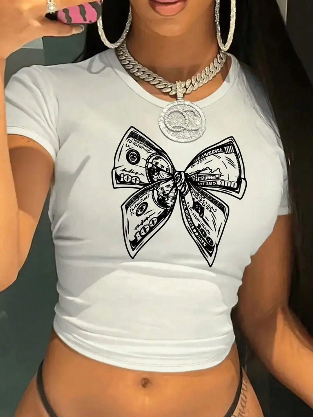 Damen Crop-Top mit kreativem Finanzmotiv und figurbetontem Schnitt Echo Archiv