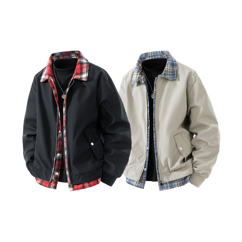 Herren winddichte Overshirt-Jacke mit karierter Fütterung, Reißverschluss und Druckknopf-Taschen – Taviero