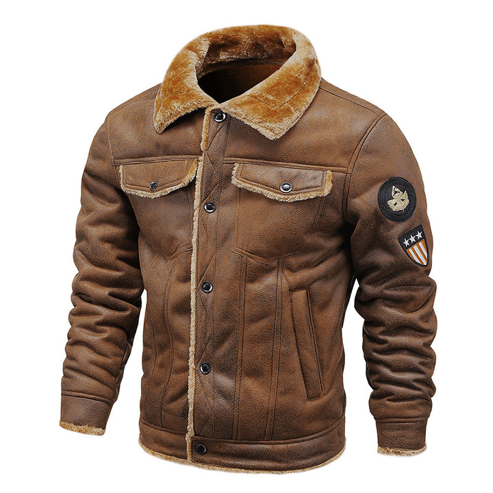 Herren Fliegerjacke aus Kunstleder mit Teddyfell-Futter und Aufnäher Echoarchiv