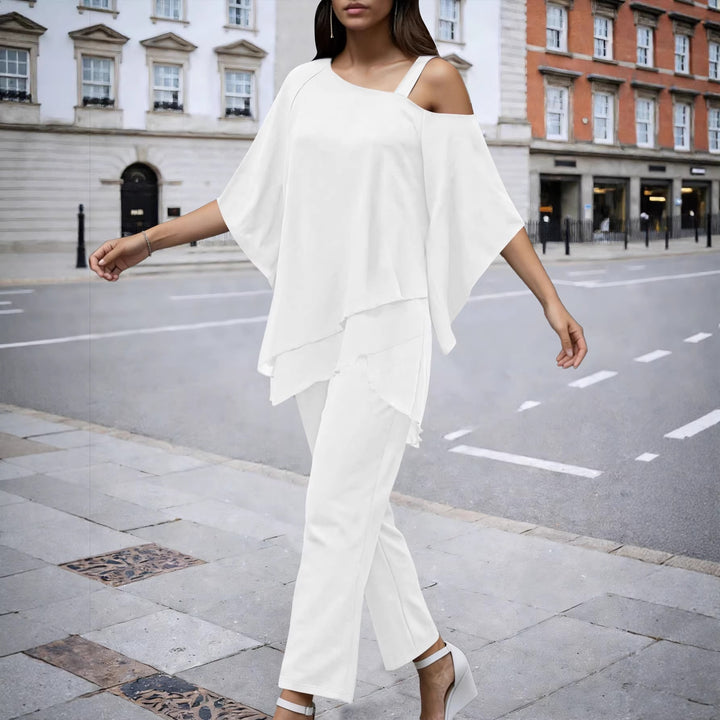 Damen Elegantes Chiffon-Zweiteiler mit Lagen‑Tunika, asymmetrischem Ein‑Schulter‑Detail und weiter Palazzohose – Élanora