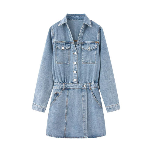 Damen Jeanskleid mit Taillengürtel, Hemdkragen und aufgesetzten Brusttaschen Echo Archiv
