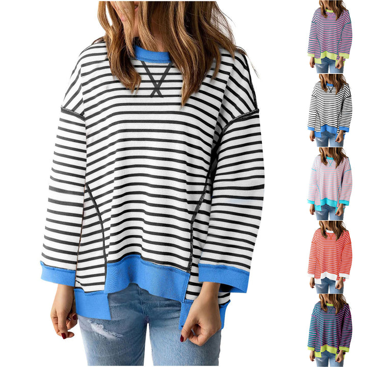 Damen nan oversized gestreifter Sweatshirtpullover mit kontrastsaum, überschnittener Schulter und seitlichen Schlitzen Echo Archiv
