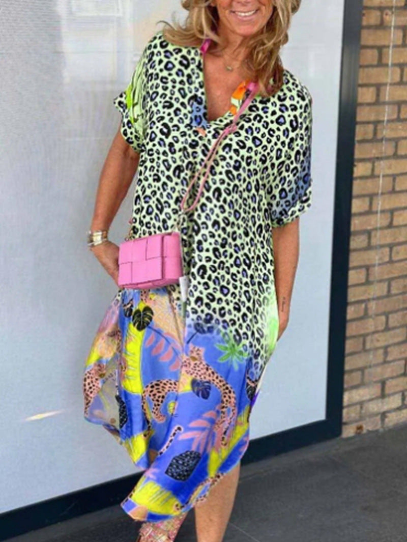 Damen nan weit geschnittenes V-Ausschnitt Midikleid mit Leoparden- und Tropenprint Echo Archiv