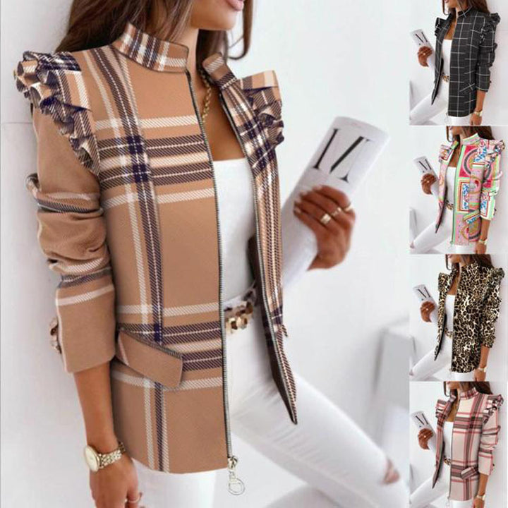 Damen nan Leo-Blouson mit Volantärmeln, Stehkragen und Zipper-Front Echo Archiv
