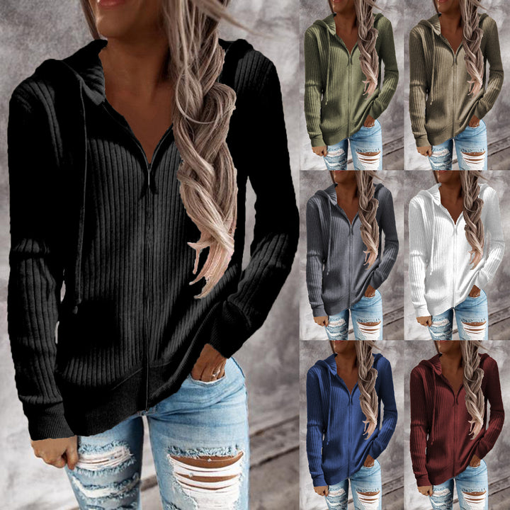 Damen Gerippter Kapuzenpullover mit Reißverschluss und Eingrifftaschen Echoarchiv