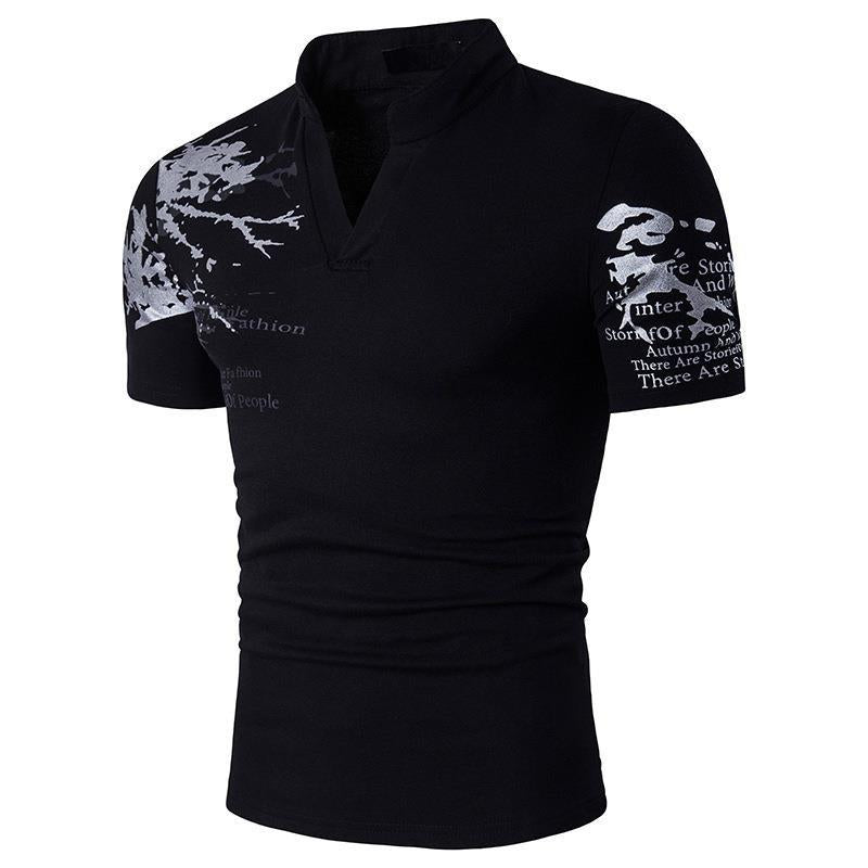 Herren Kurzarmshirt mit kreativem Stehkragen und grafischem Druck Echoarchiv