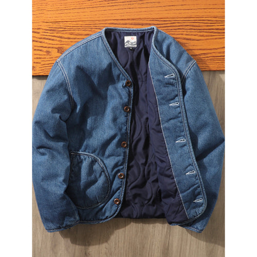 Herren Gefütterte Denim-Utility-Jacke ohne Kragen mit Knopfverschluss und runden Pattentaschen Echoarchiv